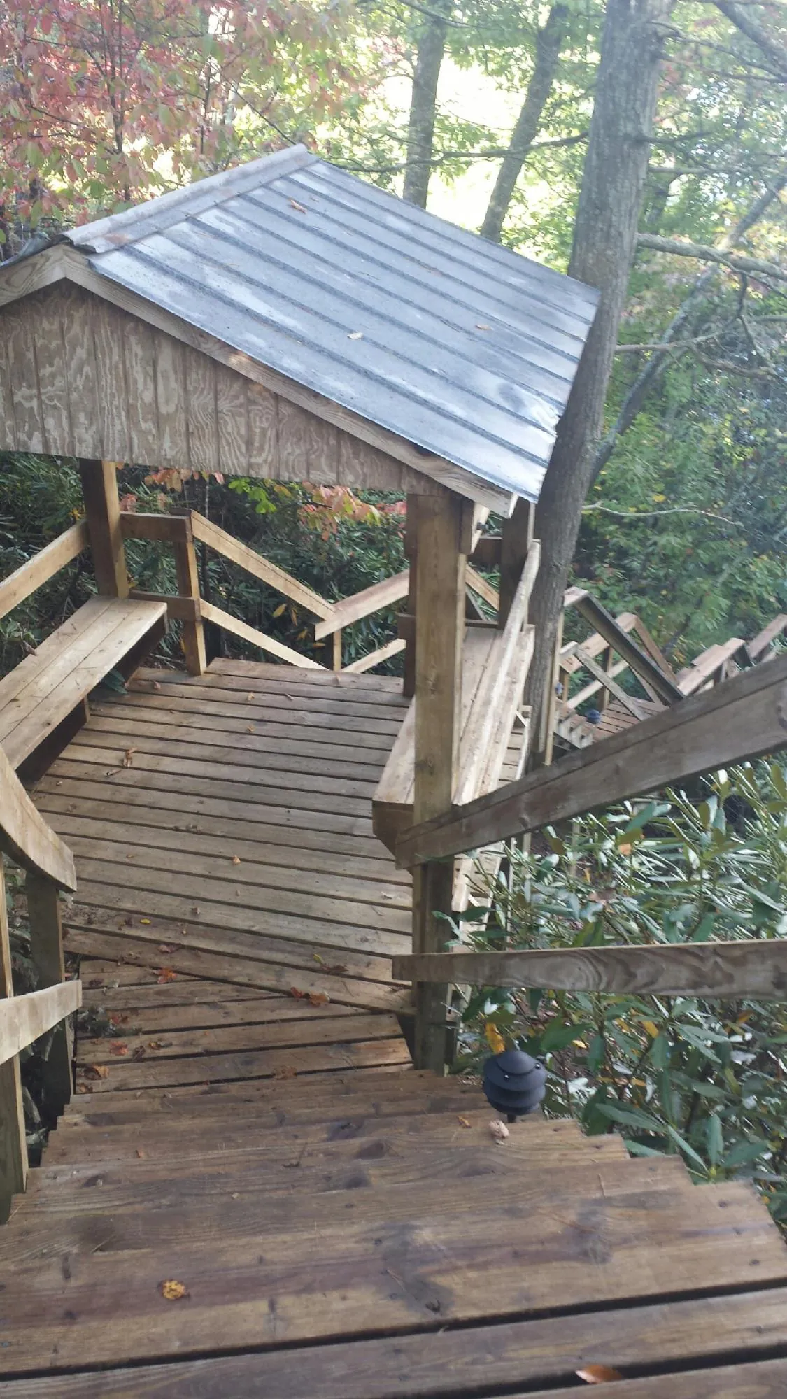 Metal roofed shelter over wooden steps on a wooded walkway — Skylight Repair & Installation work by our crew in Hot Sulphur Springs